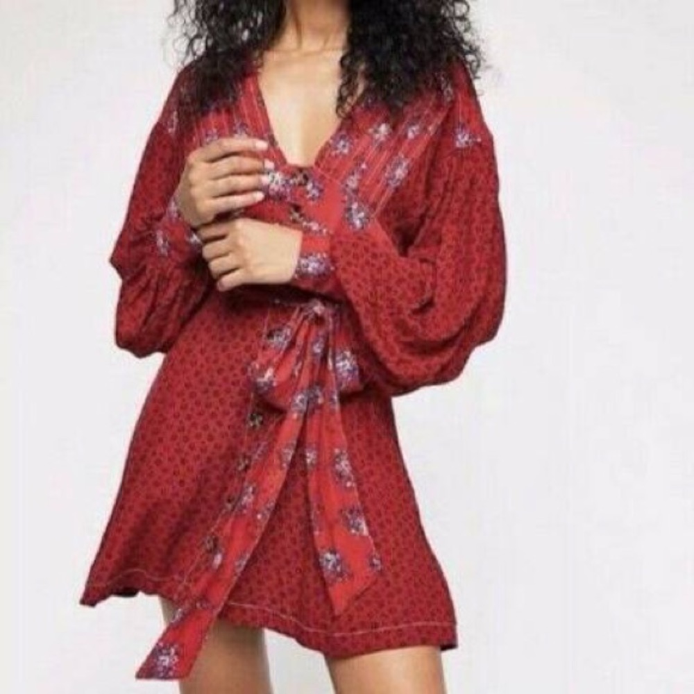 - free people red floral button front mini dress S -